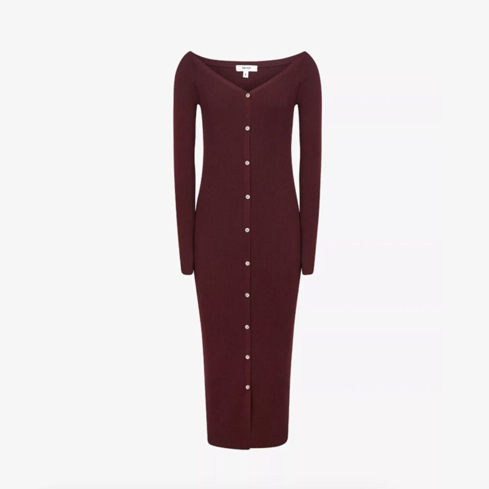 NEW!! Reiss Camille Knitted Button Through Midi Dress in Burgundy